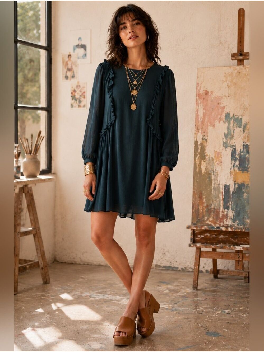 DARK GREEN TALULA BOHO DRESS LONG SLEEVE FLOWY SIZE 10